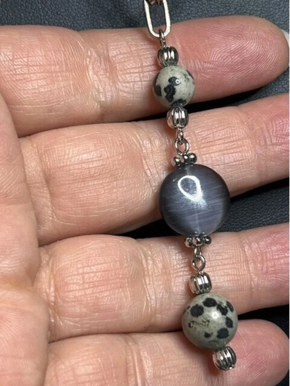 B6581 Lia Sophia Y-Drop Necklace Adjustable Long Dalmatian Jasper Cat Eye Beads